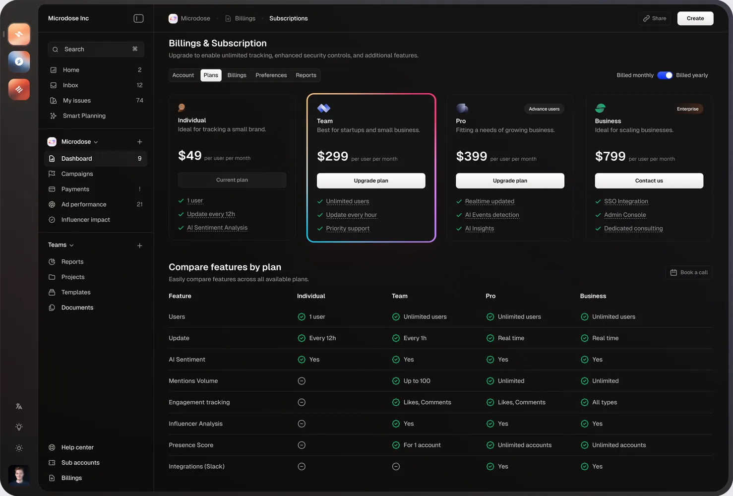 Dark billing settings page comparing four subscription tiers