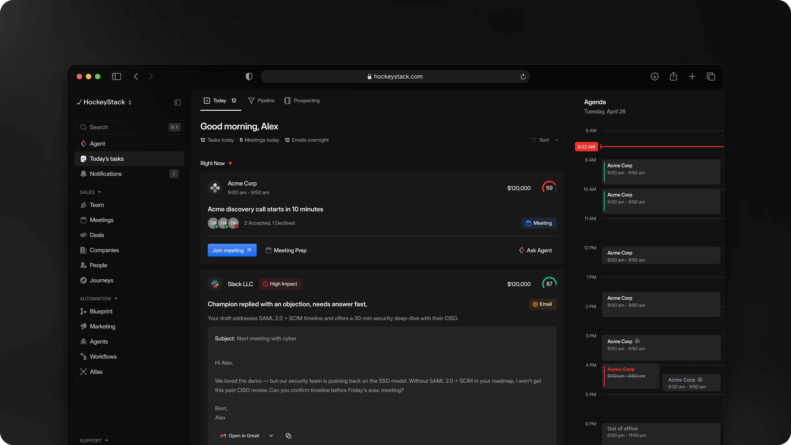 HockeyStack in a browser window: the dark-mode Today's tasks cockpit with a live discovery call, a drafted reply to a buyer objection, and the day's agenda down the right